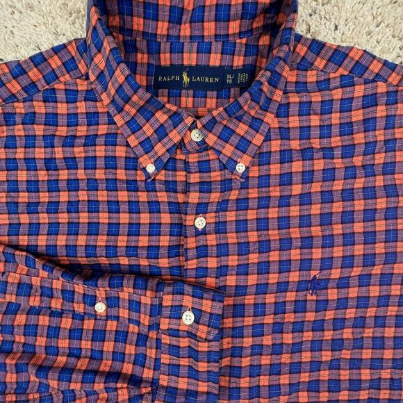 Ralph Lauren Button Up Shirt Cotton Adult Size XL Orange Blue Plaid L/S w Pony - Picture 1 of 8